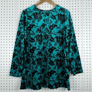 Woman Within Women's Velvet Blouse Size Medium Teal Black Floral Style 37-5096-5